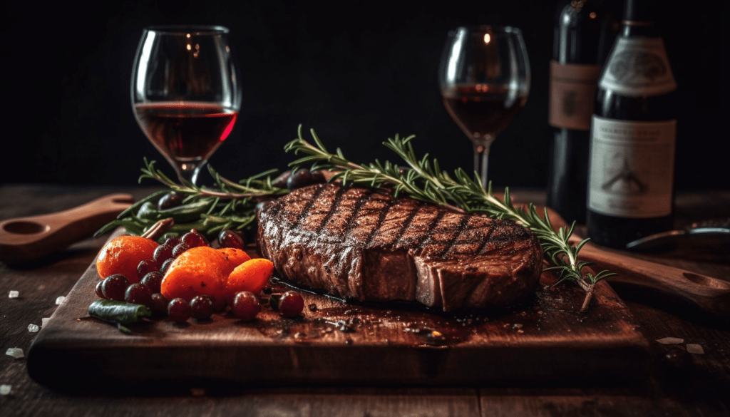 Dark moody room with a steak dinner and red wine