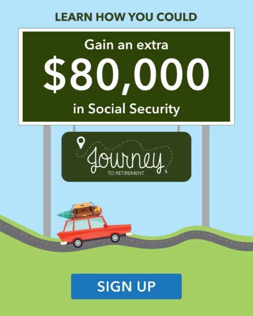 Graphic Road Sign advertising our online workshop "Journey to Retirement" with the text "Learn how you could gain an extra $80,000 in Social Security" with a button "Sign Up"