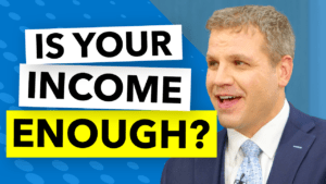 Blue background with text "Is Your Income Enough" and headshot of Loren Merkle in a suit