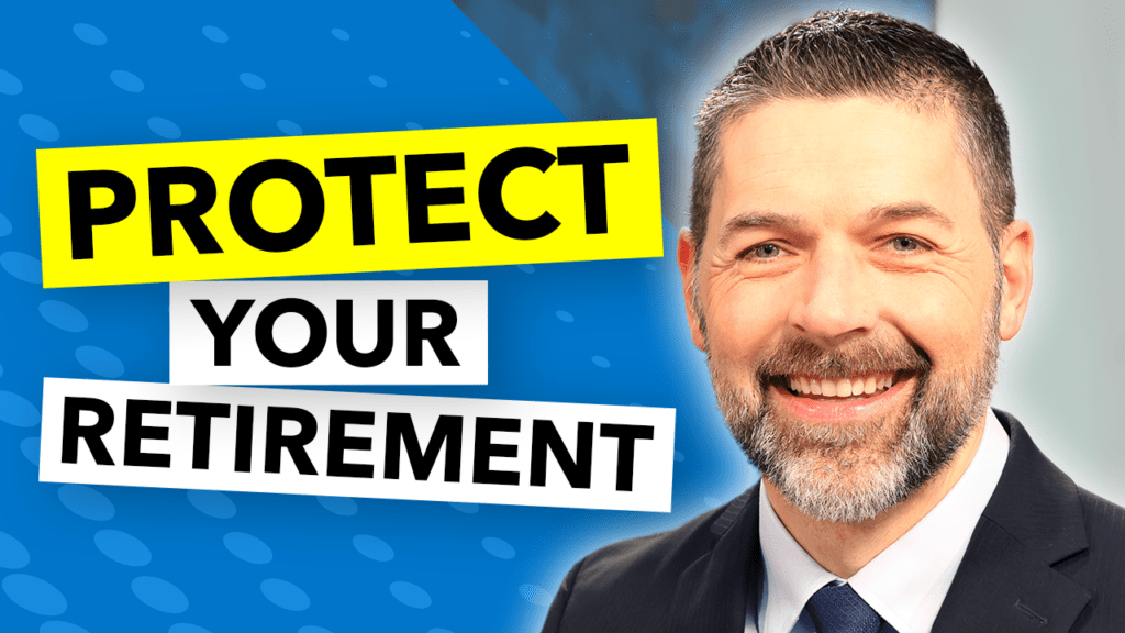 Blue Background with text "Protect Your Retirement" with headshot of Chawn Honkomp smiling in a suit