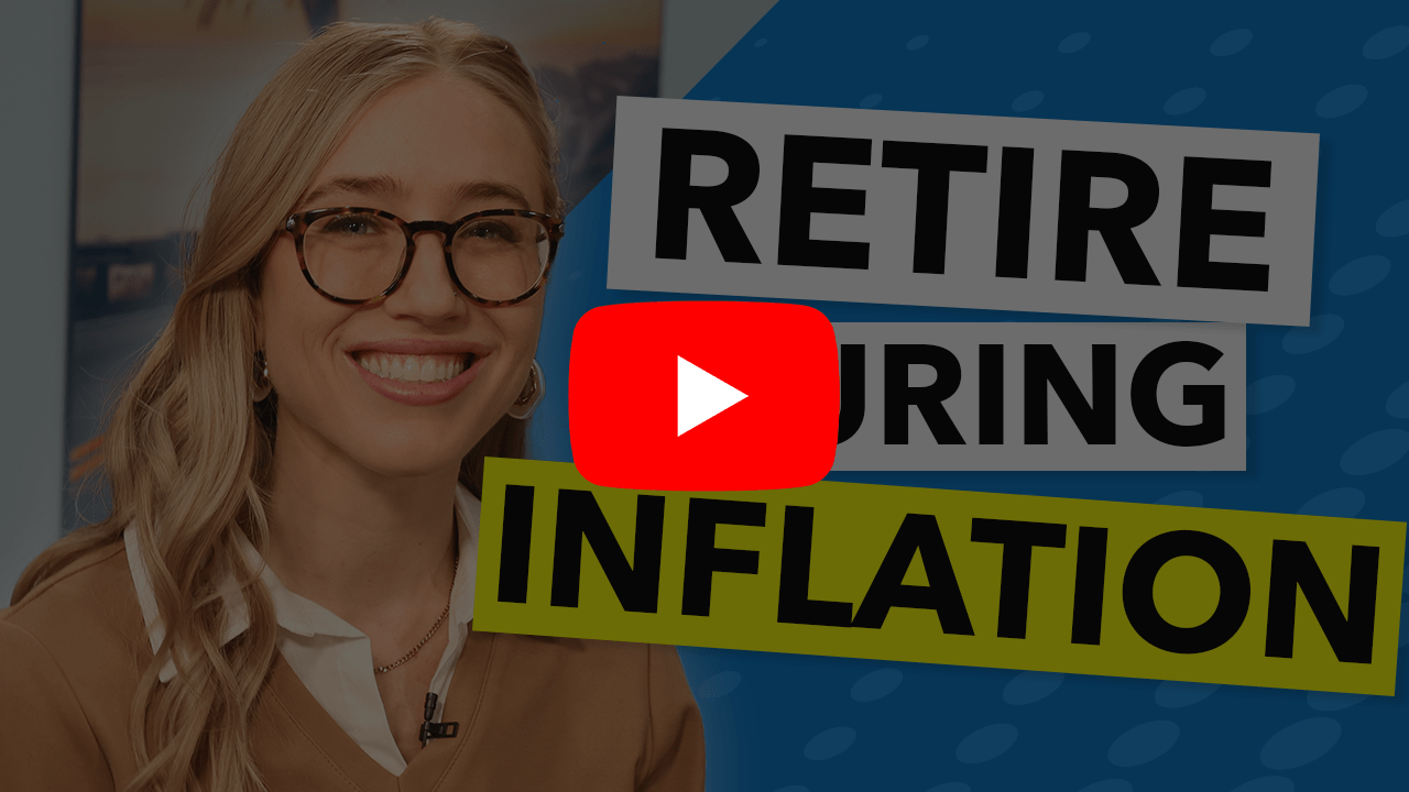 YouTube Play Button over Retire During Inflation Blue Thumbnail with Haley Gutschenritter headshot