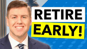 Smiling man in a suit in front of blue background, text overlay that says "Retire Early"