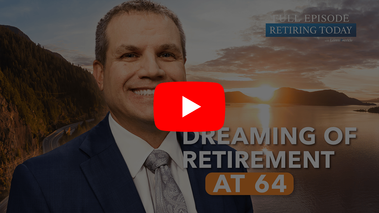 Man in suit smiling in front of beach sunset with the text "Dreaming of retirement at 64?" with YouTube logo overlay