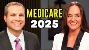 Man and woman in suits headshot smiling in studio with the text "Medicare 2025"