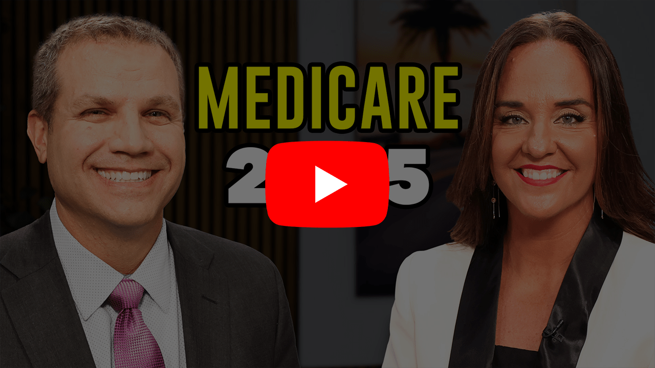 Man and woman in suits headshot smiling in studio with the text "Medicare 2025" and YouTube logo overlay