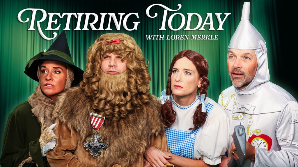 Wizard of Oz themed image with actors and actresses dressed as the Scarecrow, Cowardly Lion, Dorothy, and Tin Man.