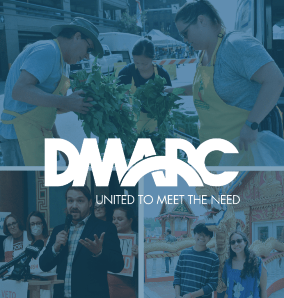 DMARC Food Pantry header image, white logo and blue overlay on top of various volunteering images