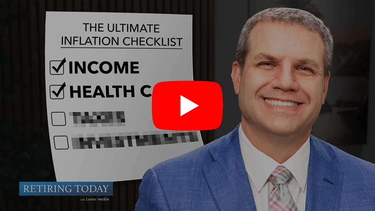 Man in suit smiling in front of Retirement Checklist Graphic with "income" and "health care" checked and two items blurred with YouTube logo overlay on top