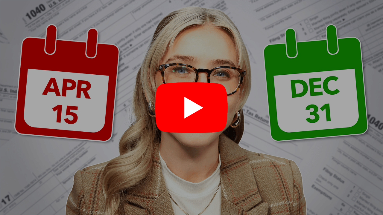 Woman in suit smiling with tax filing calendar deadline on the left and end of year deadline on the right with YouTube logo play button overlay