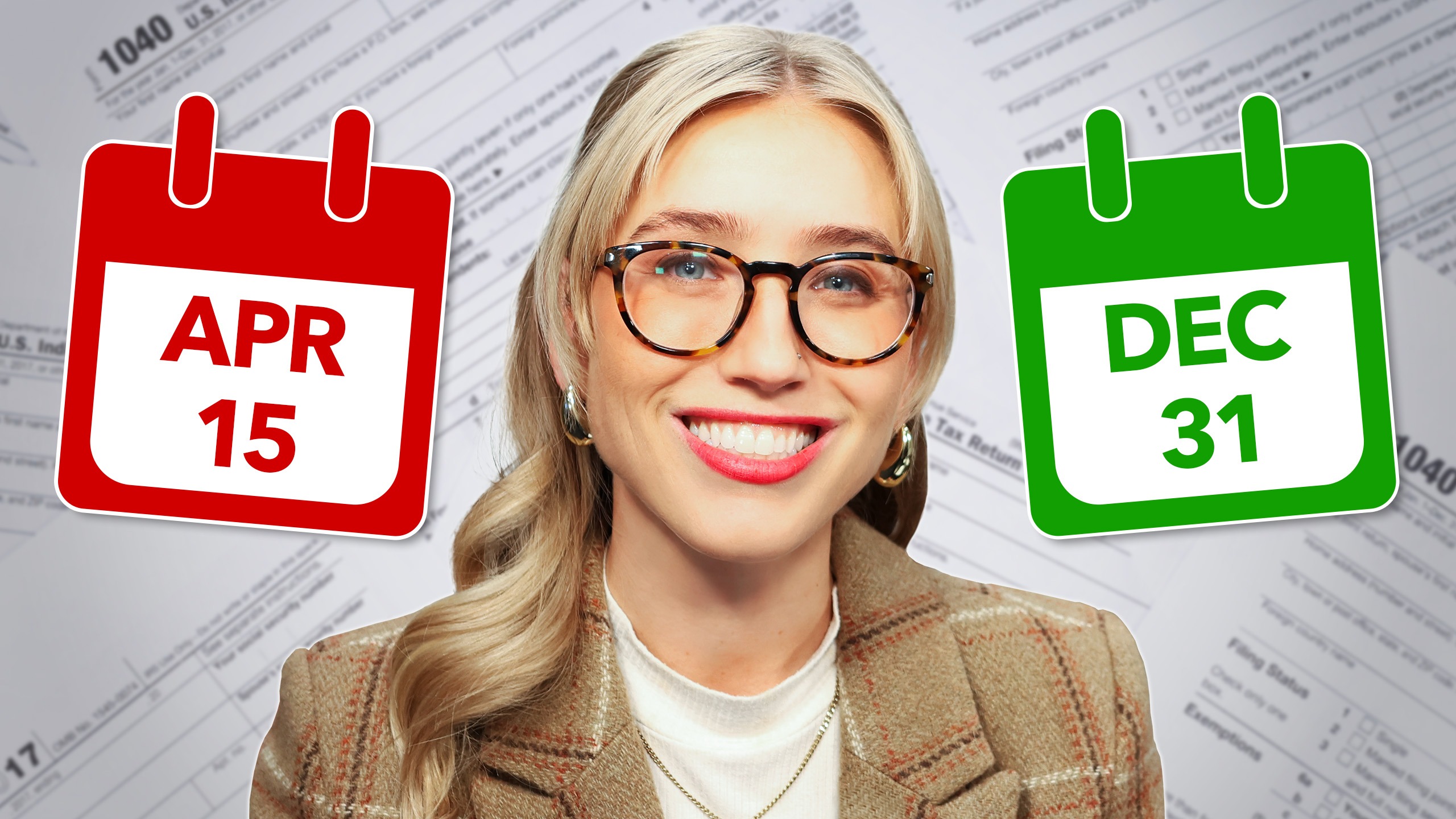 Woman in suit smiling with tax filing calendar deadline on the left and end of year deadline on the right