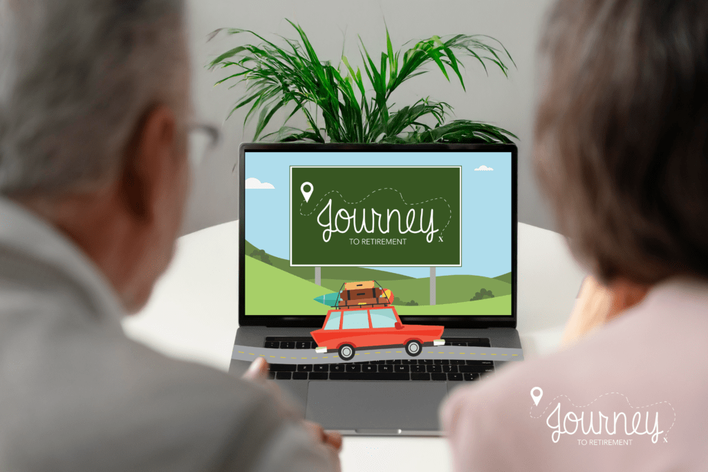 Couple watching a laptop in their home. Laptop says "Journey to Retirement" in a cartoon theme with a cartoon car that looks like it's driving on the keyboard.