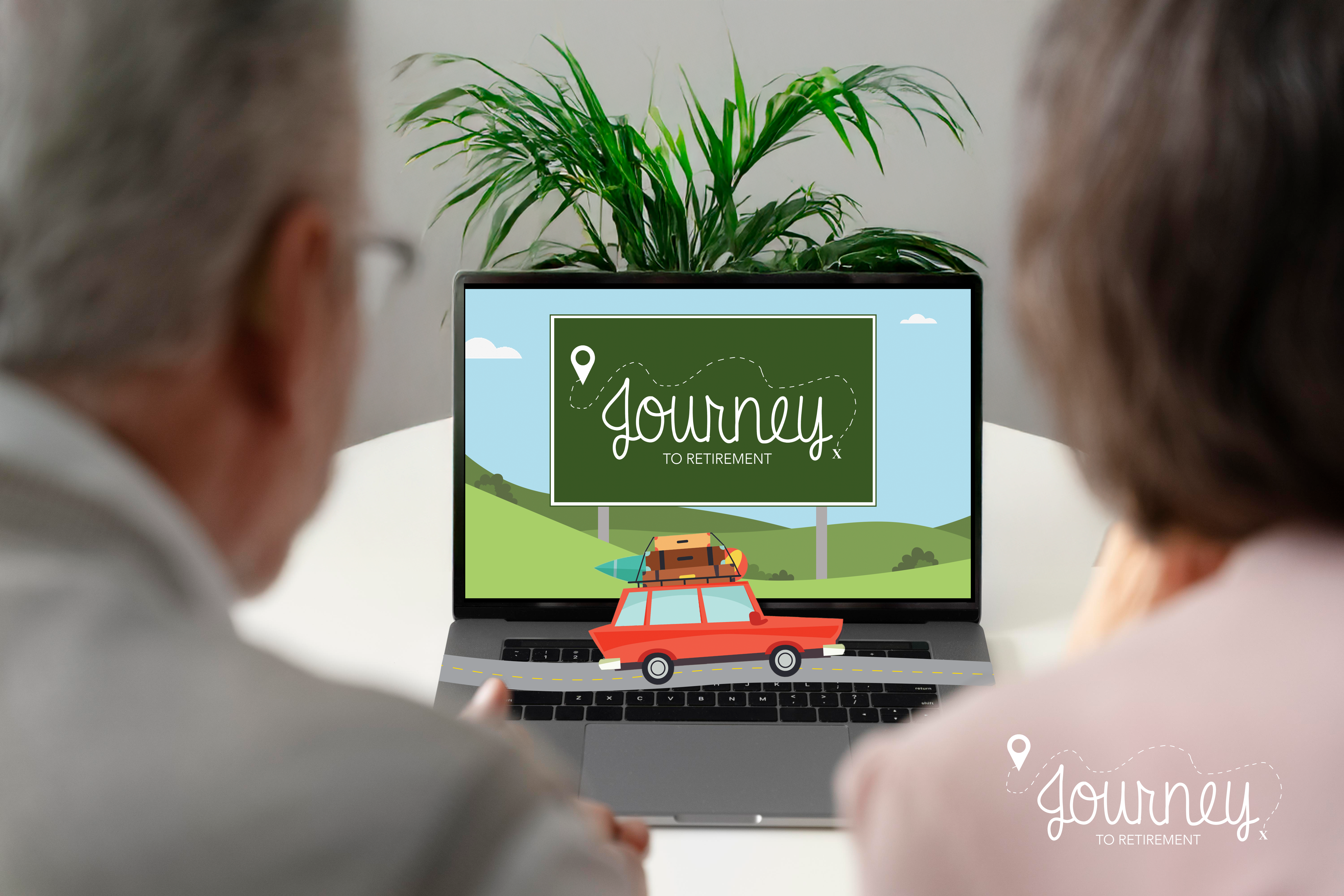 Couple watching a laptop in their home. Laptop says "Journey to Retirement" in a cartoon theme with a cartoon car that looks like it's driving on the keyboard.