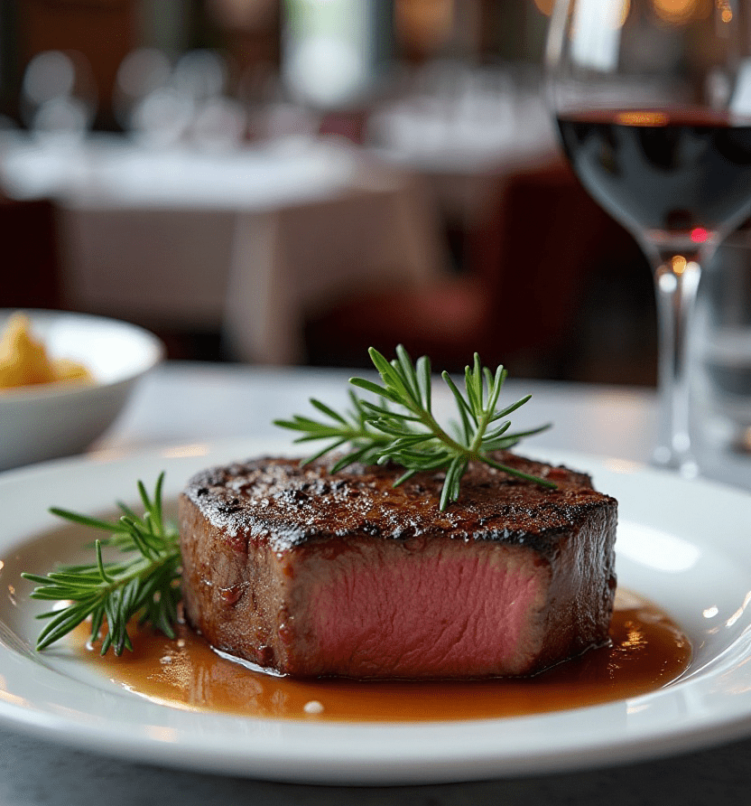 Juicy steak with a bite cut out of it in a nice restaurant with white table cloths and a glass of red wine