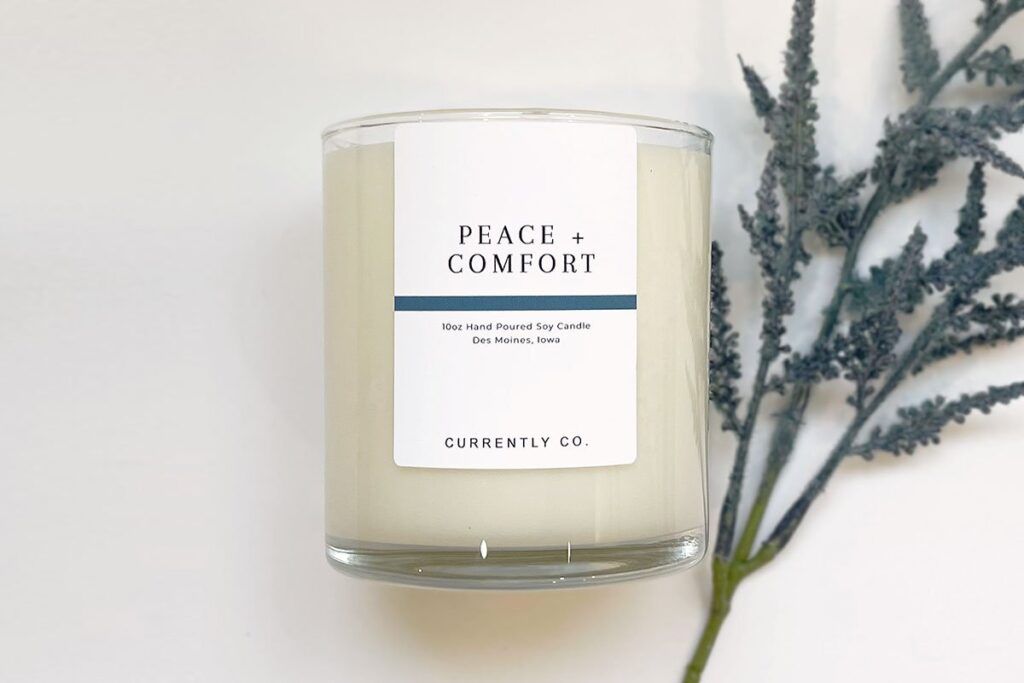 peace and comfort scented candle with lavender sprig