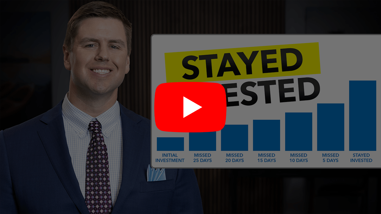 Man smiling standing next to a chart that says "Stay Invested" with the YouTube play button overlayed.