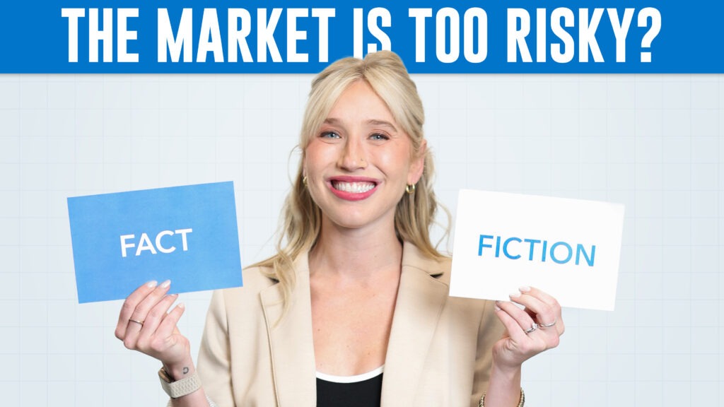 Woman holding two cards that say "Fact" and "Fiction respectively. A headline stating "The market is too risky?" sits above her head.
