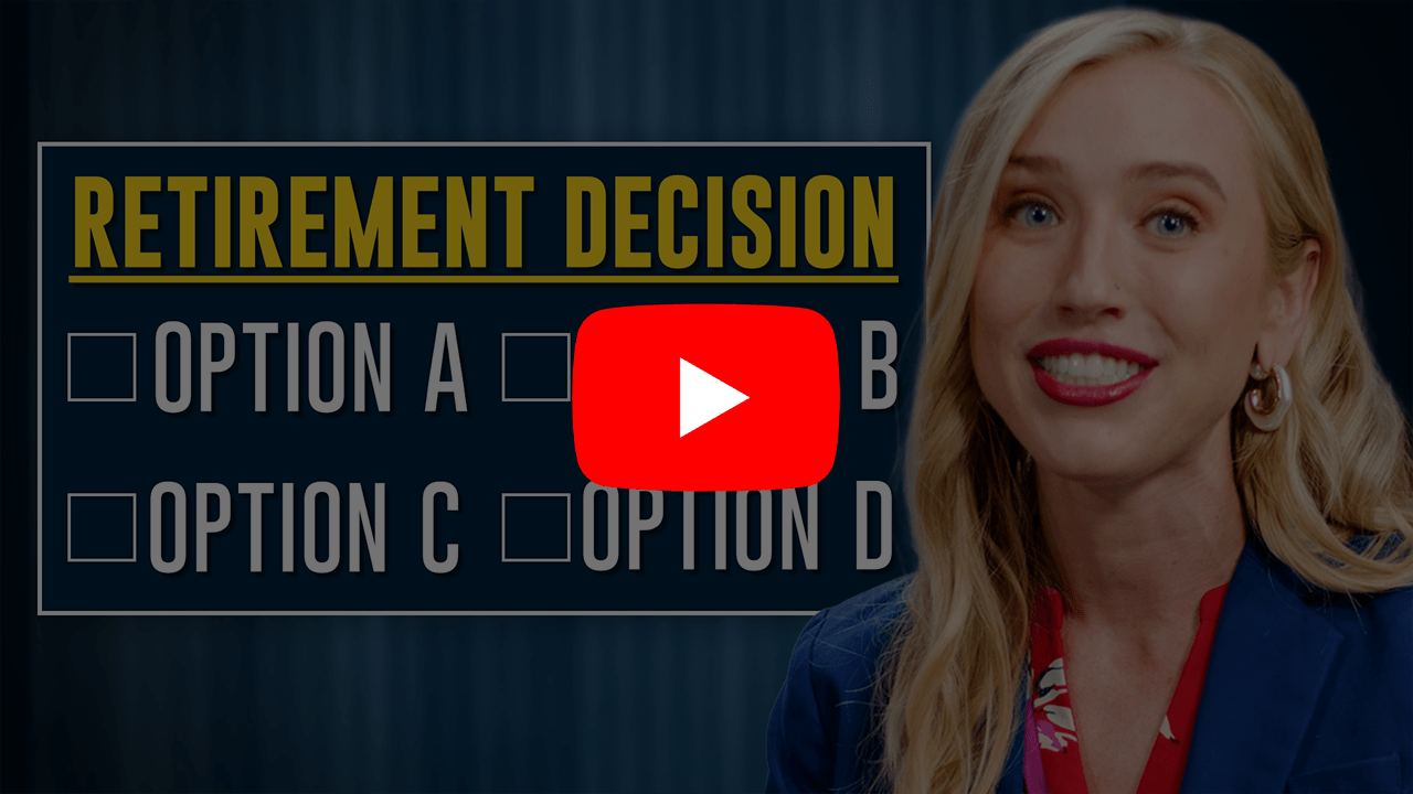483-Thumbnail_YT Woman standing next to a chart that is titled "Retirement Decision" with YouTube play button overlaid.