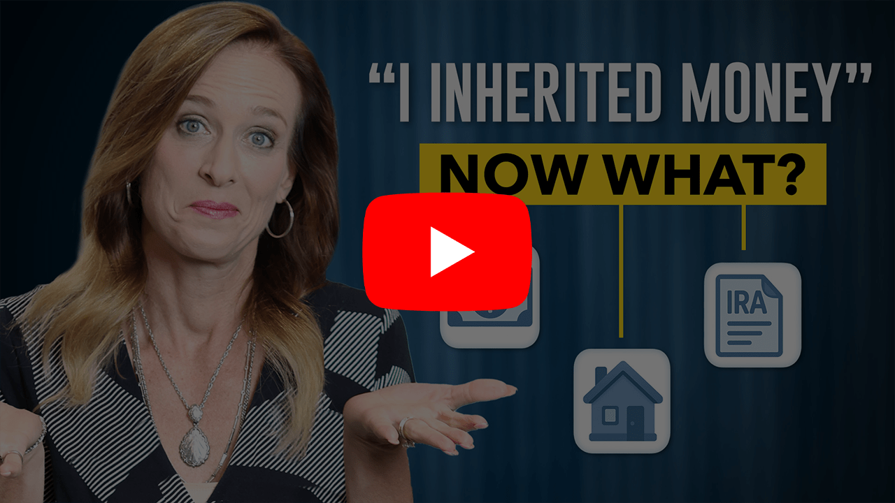 Blog523_YT_Thumbnaill Woman making confused faced with hands raised slightly. Text next to subject says "I inherited money now what?". YouTube play button overlaid.