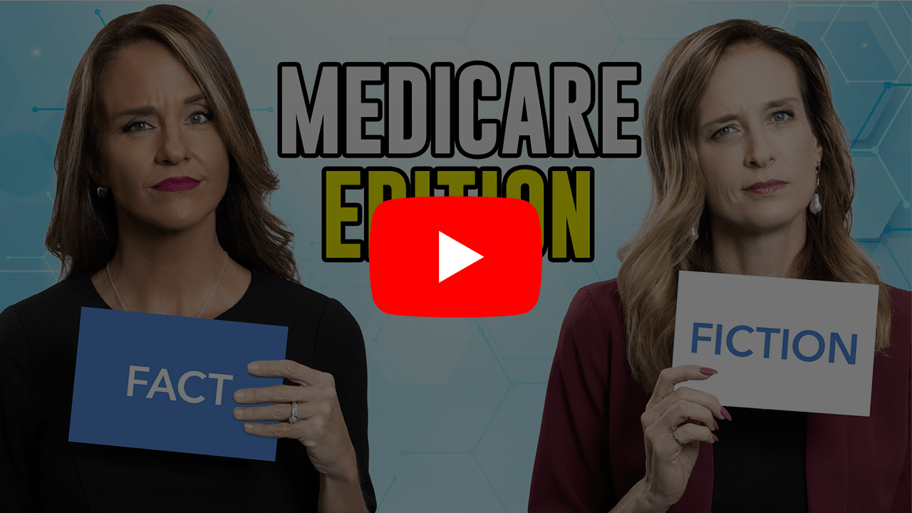 Two women holding up cards that say "Fact" and "Fiction" with the YouTube play button overlaid.