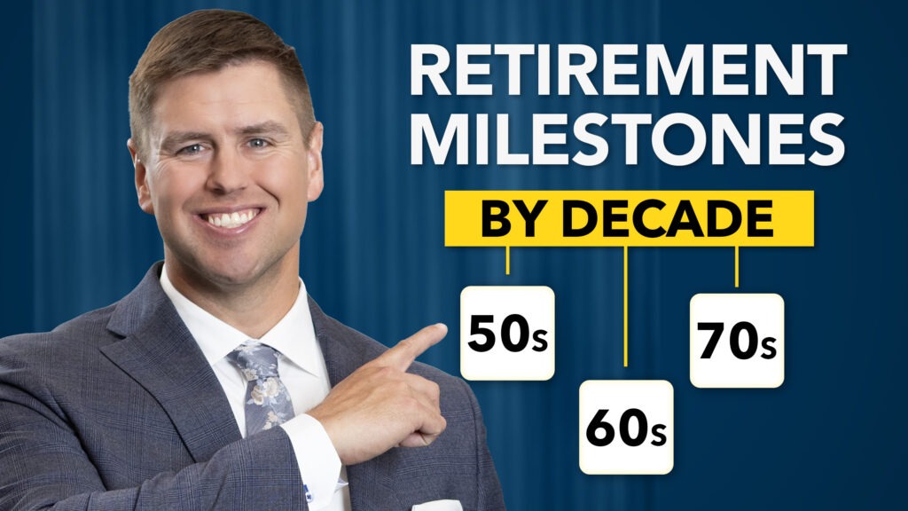 Man pointing at a caption that says "Retirement Milestones By Decade".