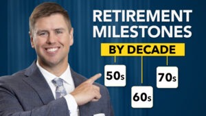 Man pointing at a caption that says "Retirement Milestones By Decade".