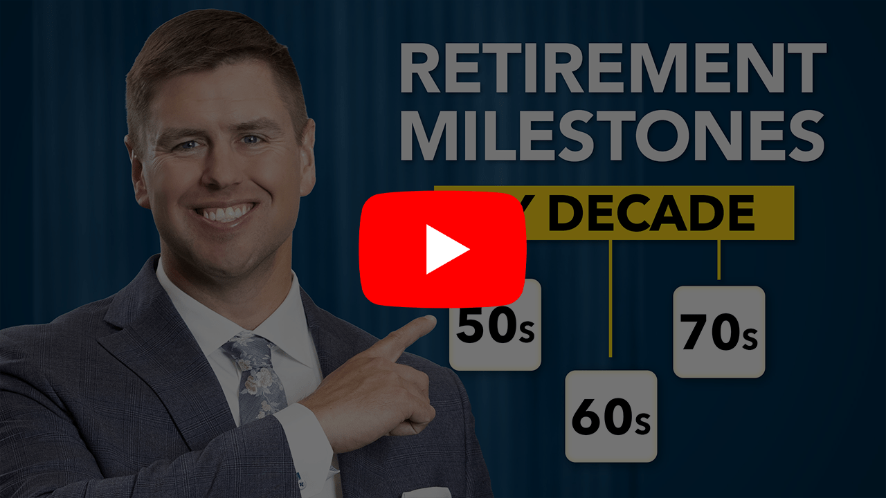 Man standing next to sings that say various age groups for Retirement Milestones.