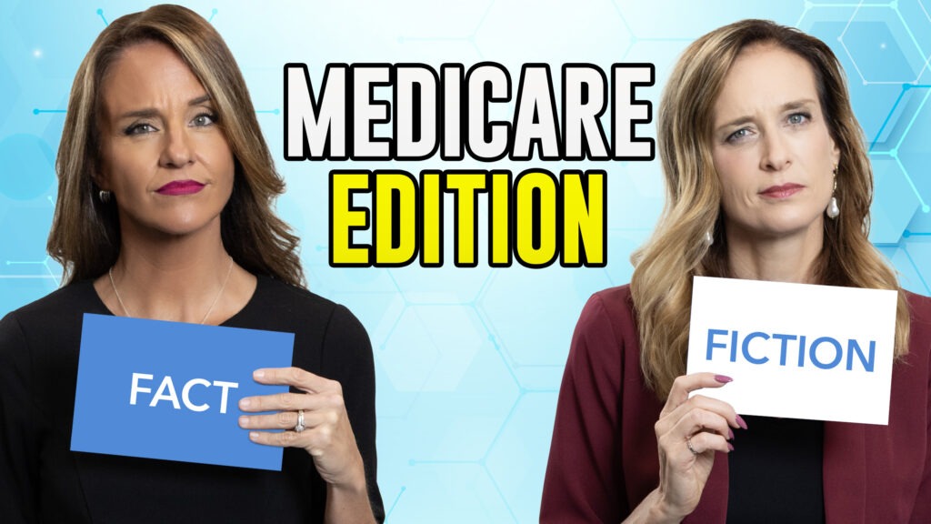 Two women looking holding up cards that read "Fact" and "Fiction"