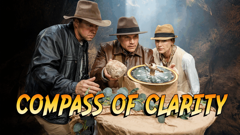 Three explorers staring over a compass in a dark cave.