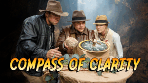 Three explorers staring over a compass in a dark cave.