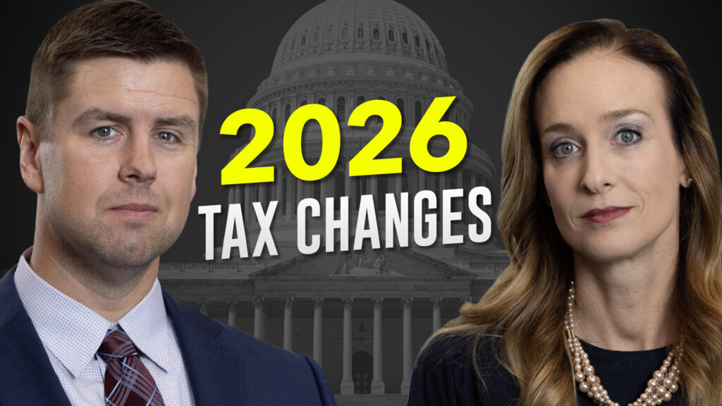 Man and woman standing next to eachother with the phrase "2026 tax changes" between them.