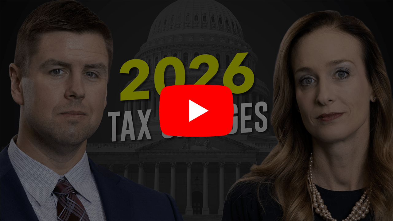 Man and woman standing next to eachother with the phrase "2026 tax changes" between them. A YouTube play button is overlaid.