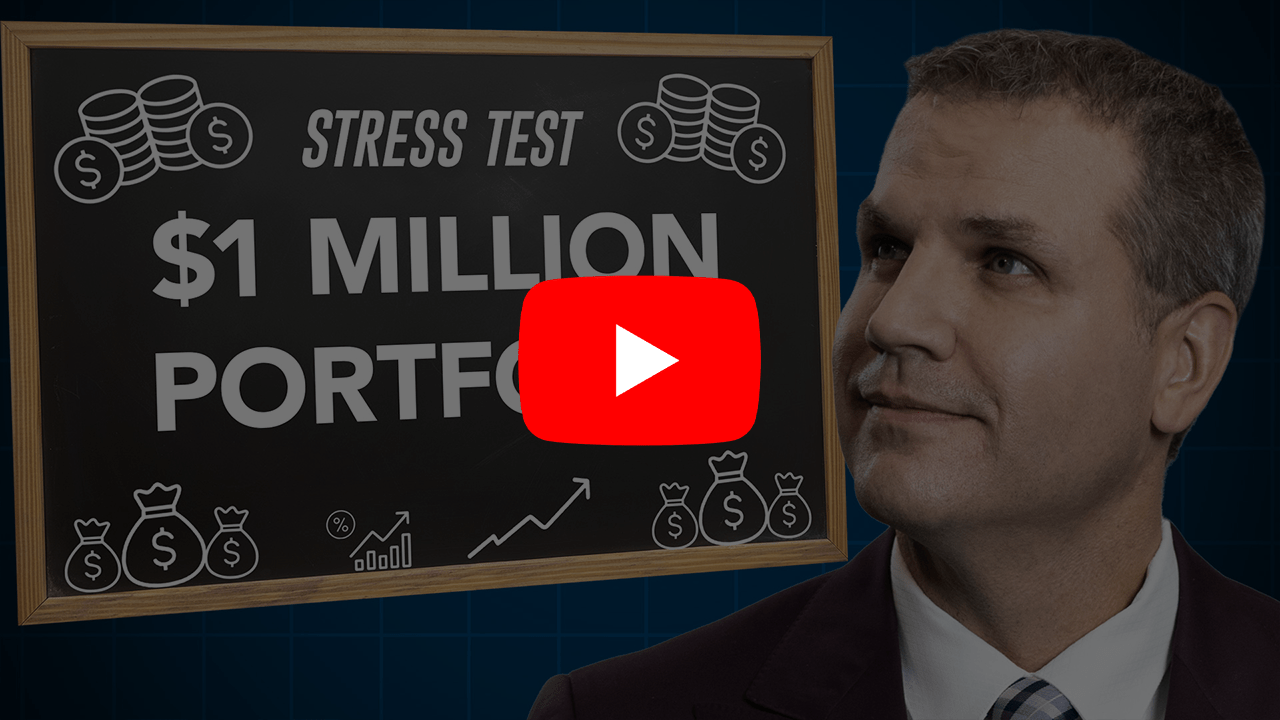 Man longingly looking at a chalkboard that says, "Stress test, $1 Million Portfolio." with YouTube play button overlaid.