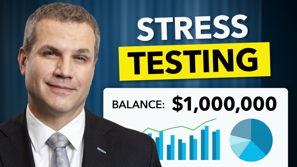 Man standing next to a chart and text that reads, "Stress Testing".