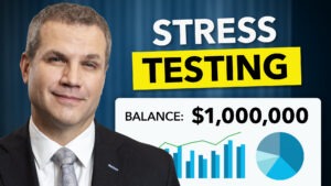 Man standing next to a chart and text that reads, "Stress Testing".