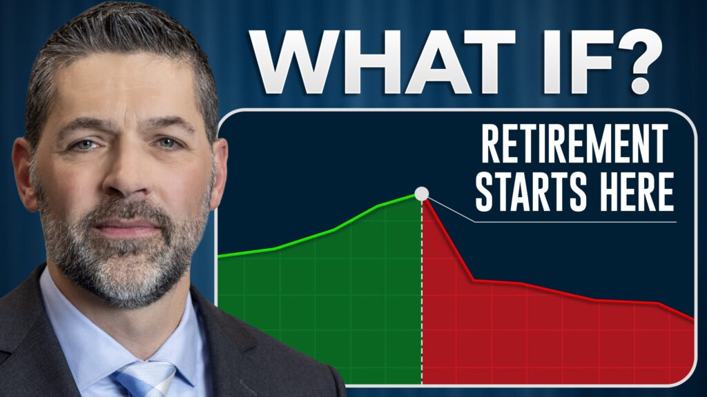 Man standing next to a graph and text that reads, "What If? Retirement Starts Here"