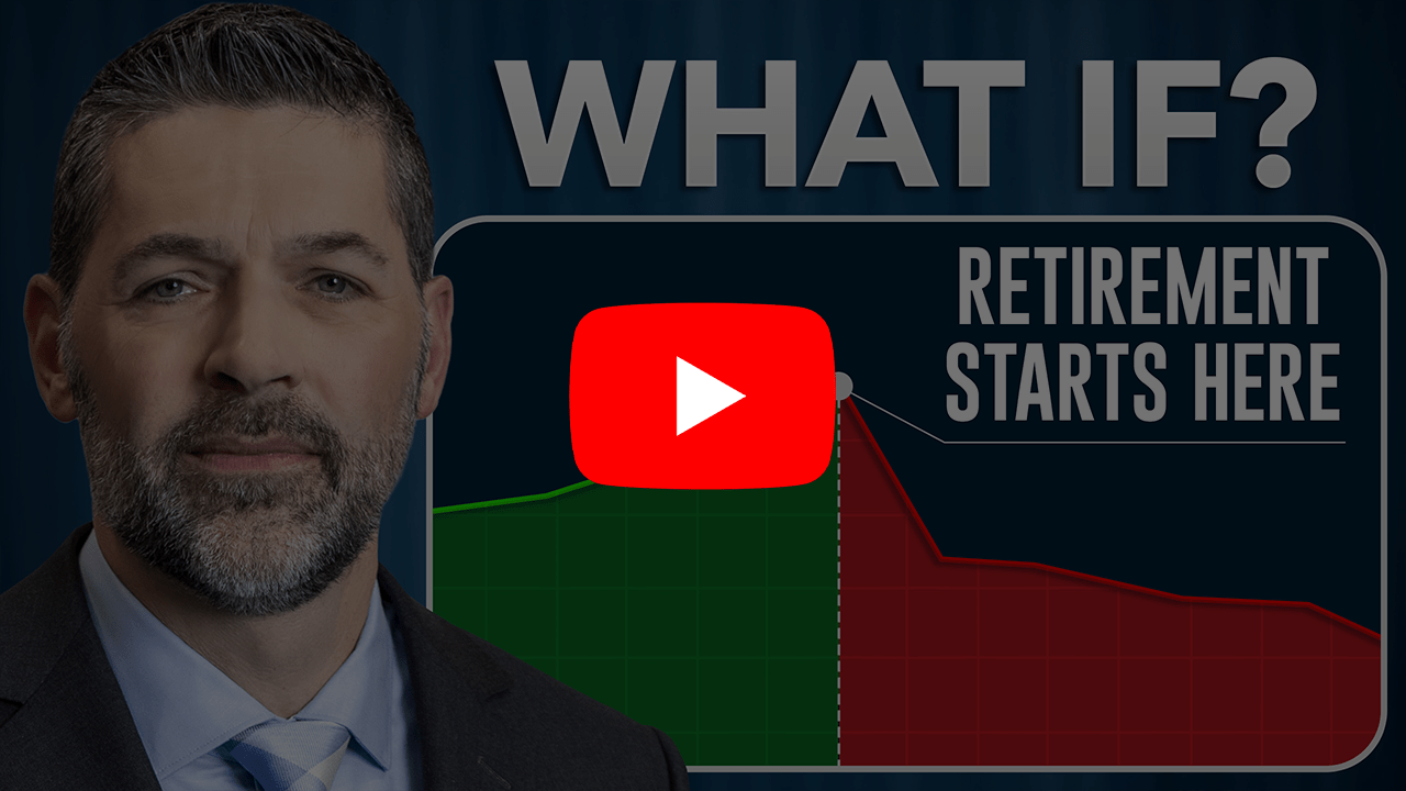 Man standing next to a graph and text that reads, "What If? Retirement Starts Here" with YouTube play button overlaid.