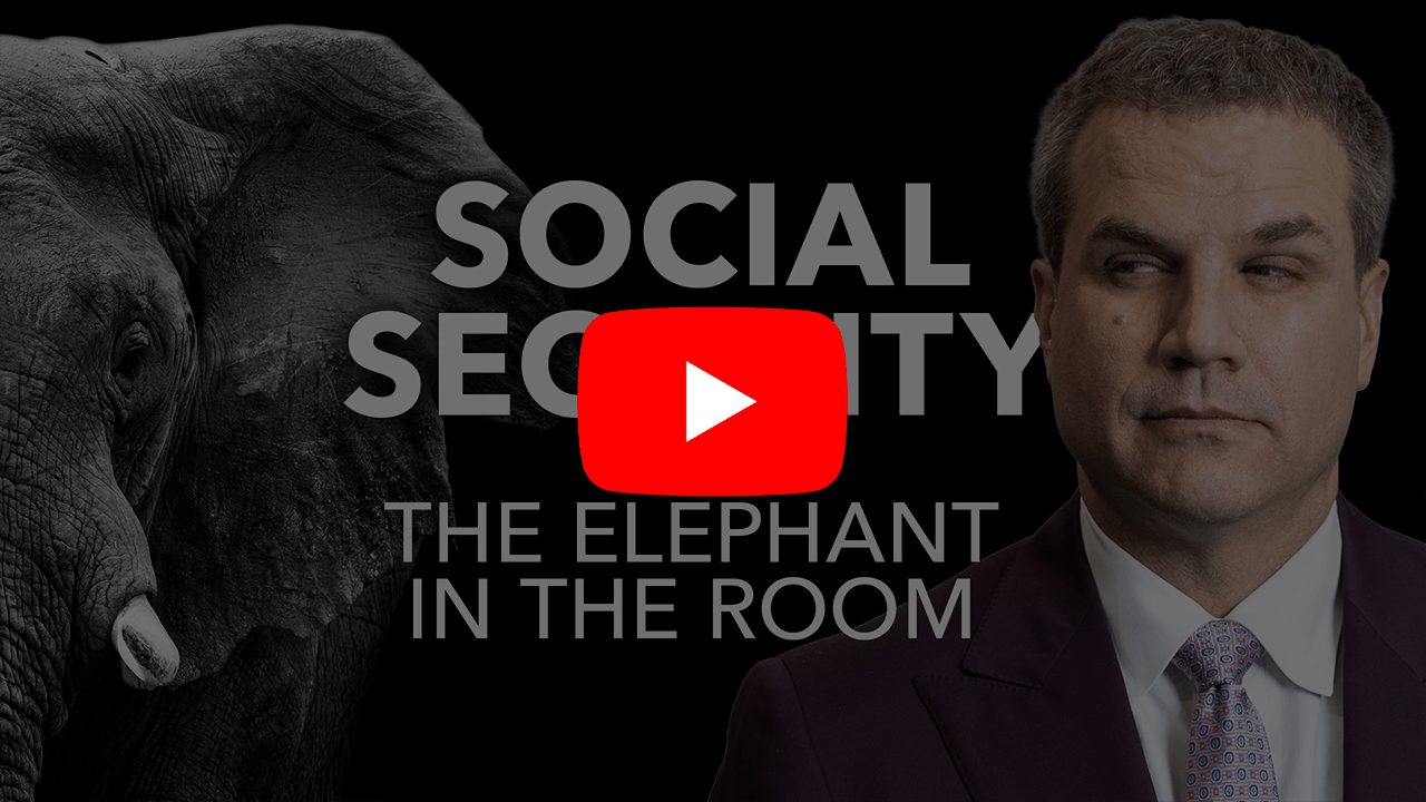 Man standing next to an elephant with the words, "Social Security The Elephant in the Room." with YouTube play button overlaid.