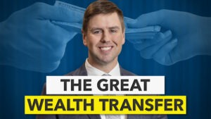 Man standing in front of a low opacity image of two hands exchanging cash.