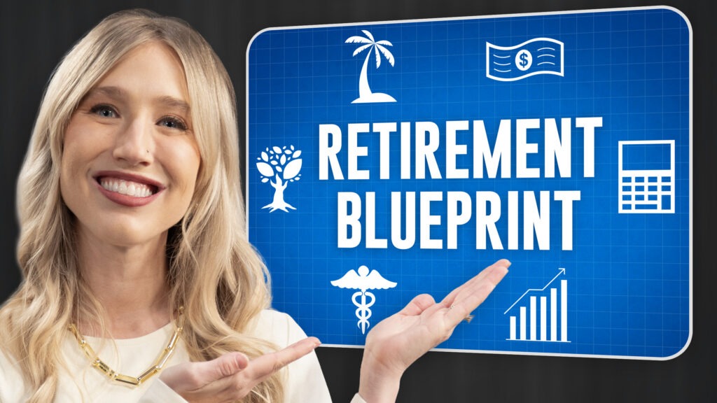 Woman standing next to a blue screen that reads, "Retirement Blueprint".