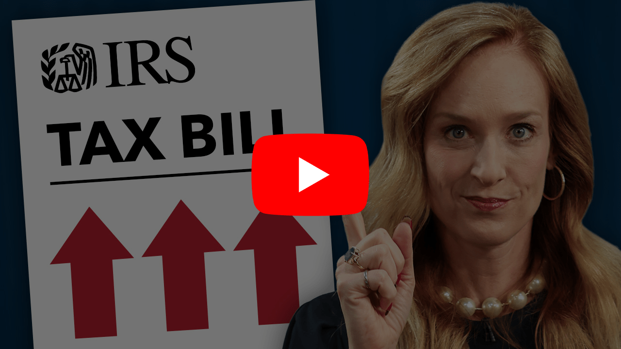 Woman pointing up at a tax bill with YouTube play button overlaid.