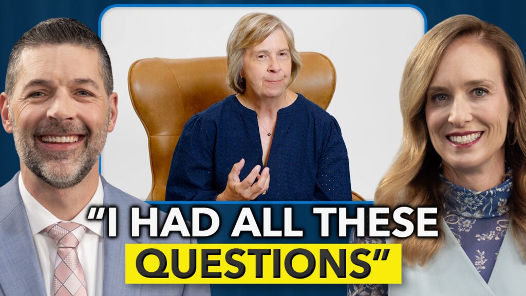 Woman sitting on a chain with a man and woman standing on either side of her and a caption over the photo that says, "I had all these questions"