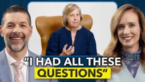 Woman sitting on a chain with a man and woman standing on either side of her and a caption over the photo that says, "I had all these questions"