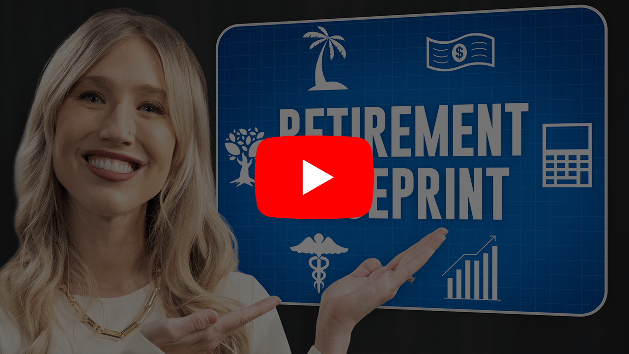 Woman standing next to a blue screen that reads, "Retirement Blueprint" with the YouTube play button overlaid.