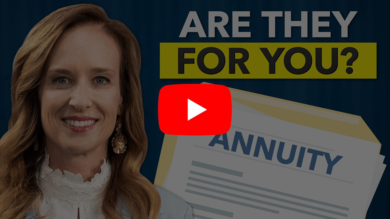 Woman standing next to a folder labeled "Annuity" with a caption above that states, " Are they for you?" with the YouTube play button overlaid.