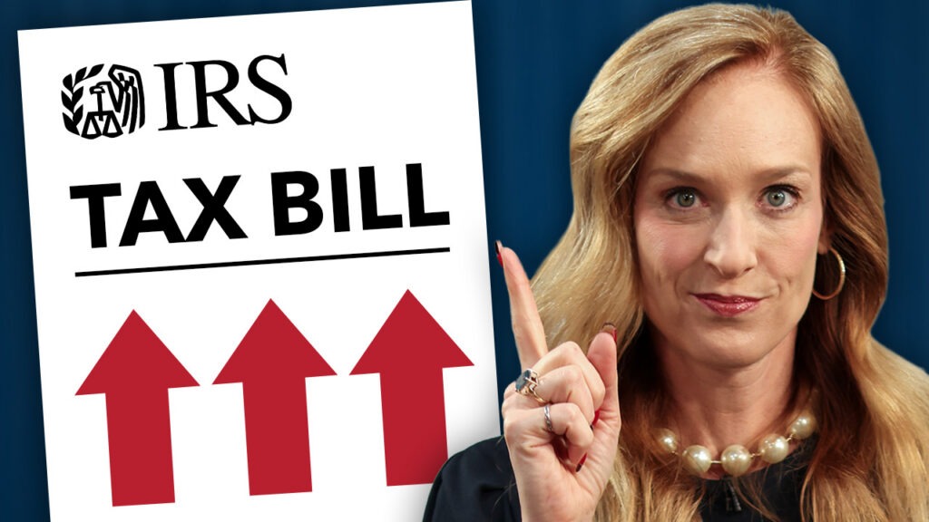 Woman pointing up at a tax bill.