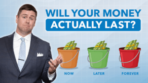 man standing next to buckets with a puzzled look on his face.