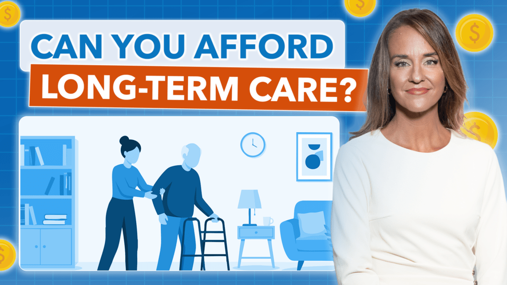 woman looking neutral next to a heading of text and a cartoon visual representing long-term care.