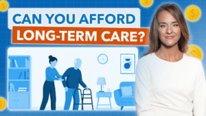 woman looking neutral next to a heading of text and a cartoon visual representing long-term care.