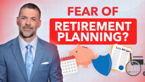 man standing next to a few words of text and retirement related iconography.