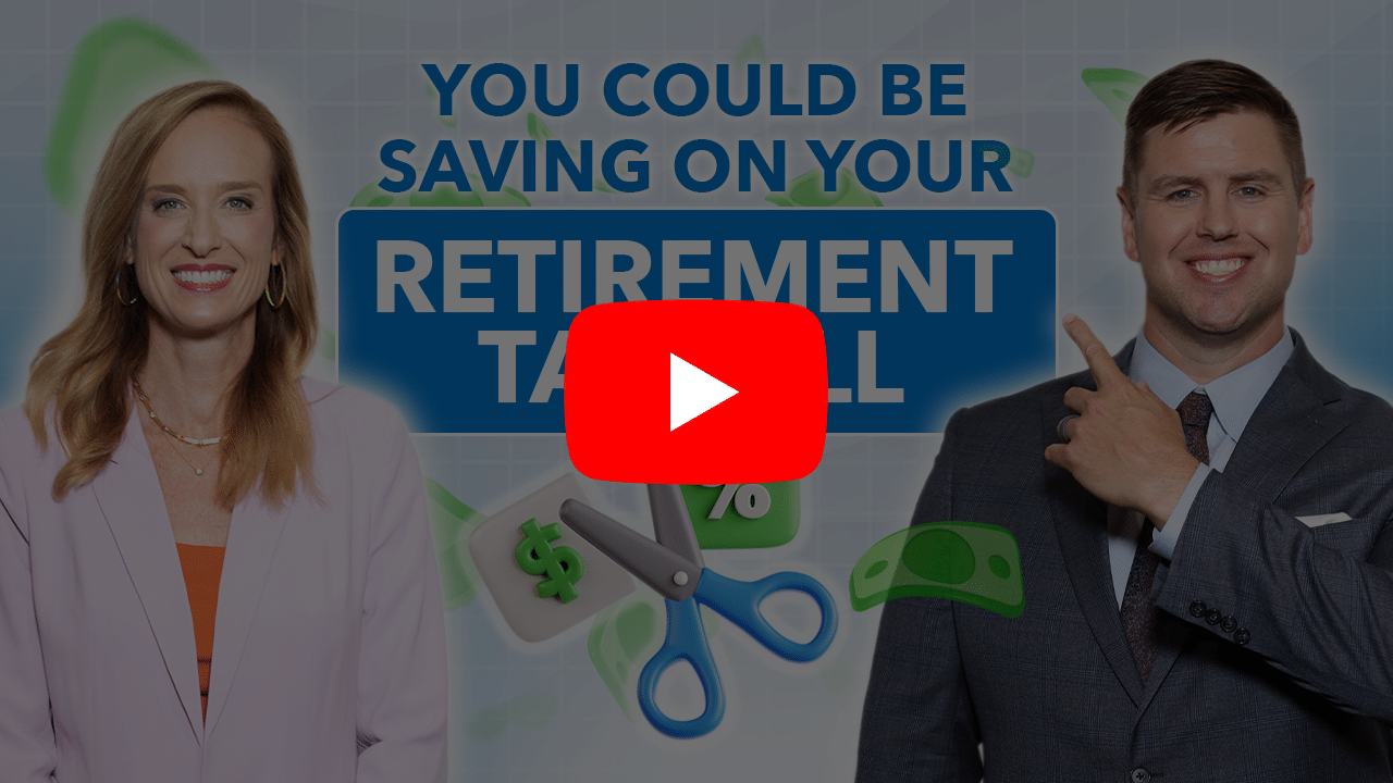 Man and woman standing next to an illustration of a pair of scissors cutting through money with YouTube play button overlaid.
